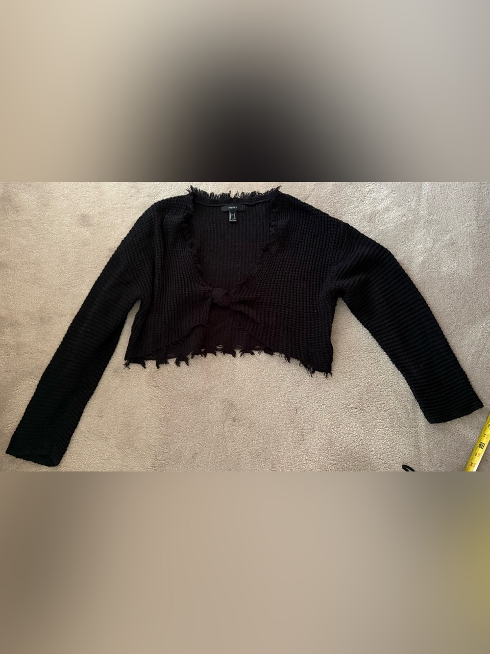 Forever 21 Black Cropped Waffle Knit Shrug Cardigan Frayed Trim L large